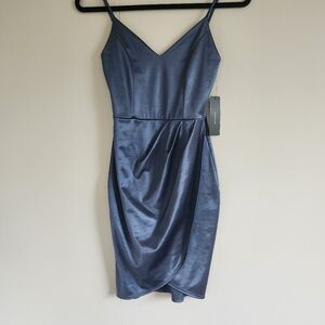 Lulus Satin Forever Your Girl Draped Bodycon Dress NWT | Dusty Blue Size S